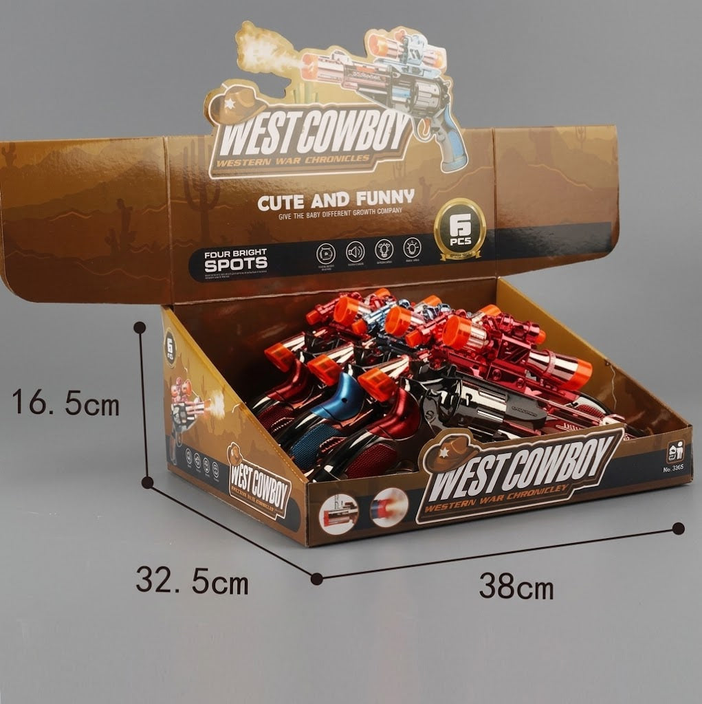 Open West Cowboy toy gun display box filled with colorful toy revolvers, shown on a gray background with printed dimensions 16.5 cm height, 32.