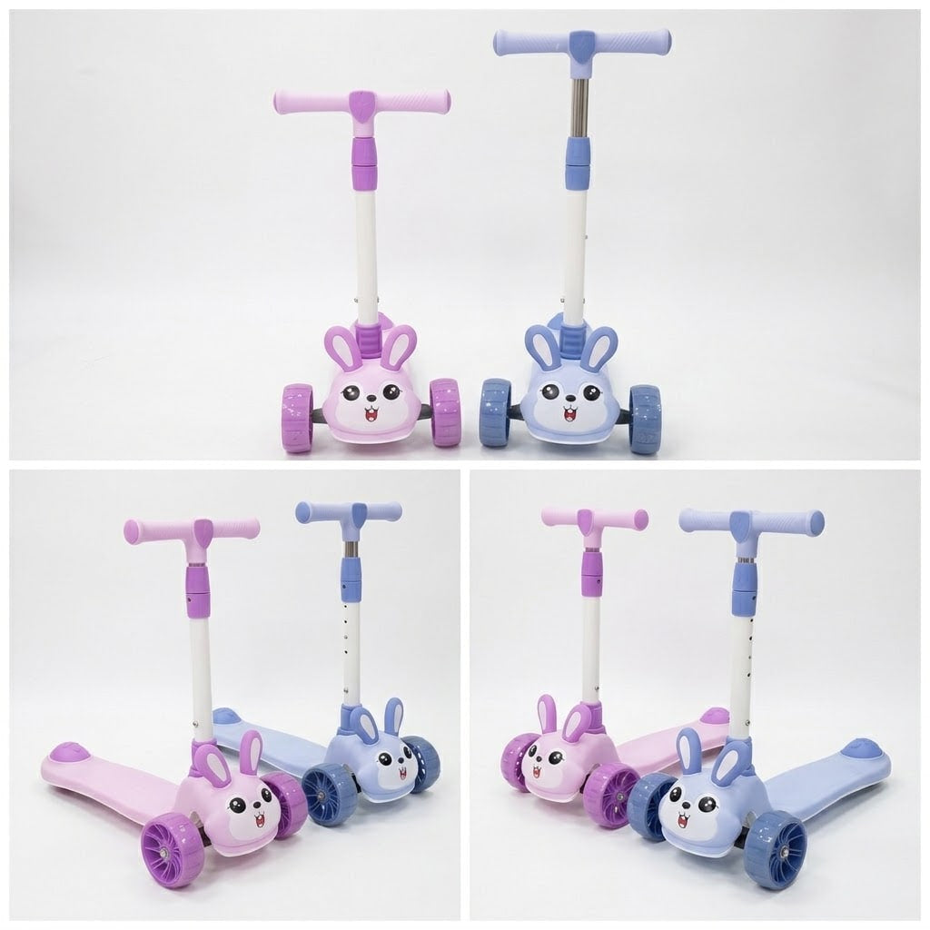 Four views of a children's three-wheel scooter with a bunny face design, shown in pink-purple and blue-lavender color combinations on a white background.