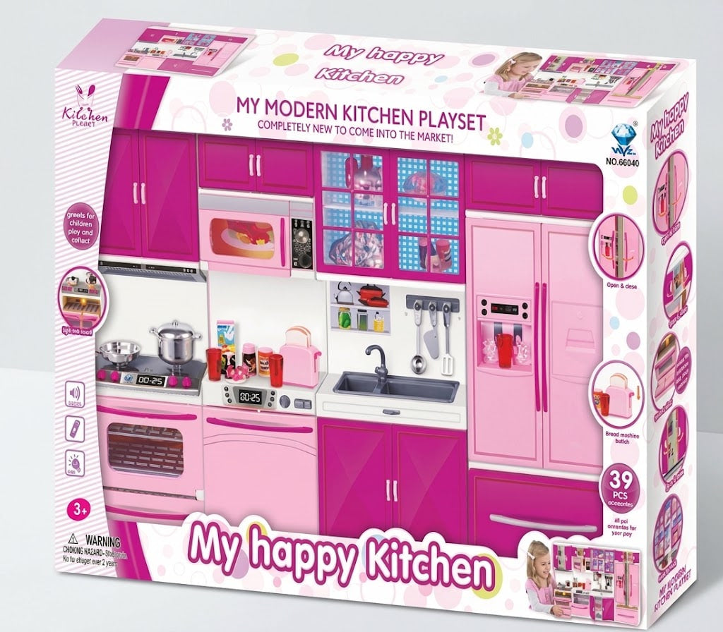 My Happy Kitchen playset in its retail packaging, featuring a pink and white toy kitchen set with 39 pieces.