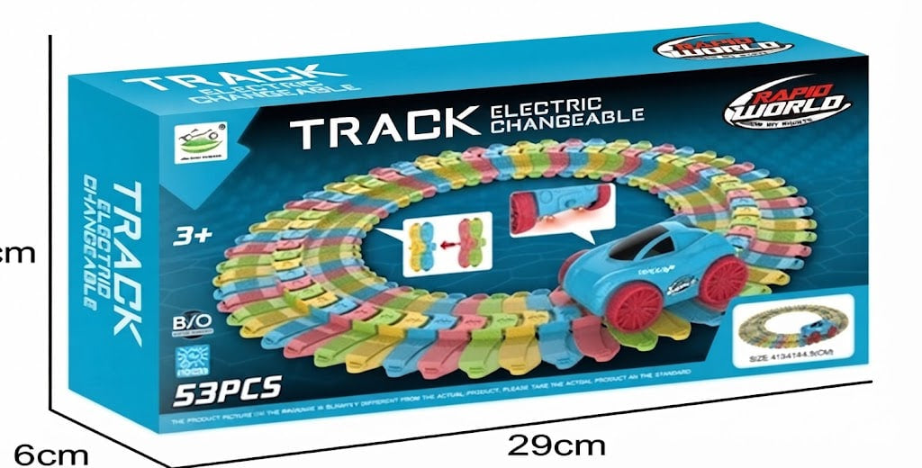 Box packaging for a colorful electric changeable train track set, shown with dimension labels of 6 cm height, 29 cm width, and 29 cm depth. The blue retail box features the brand name 'Super World' and displays an illustration of a blue toy car on a looped track made of multicolored track pieces.