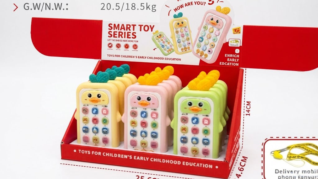 A boxed set of colorful toy phones for children, displayed in a red retail box. The set includes three main toy phones in pastel yellow, pink, and green, each with a cartoon face and colorful buttons.