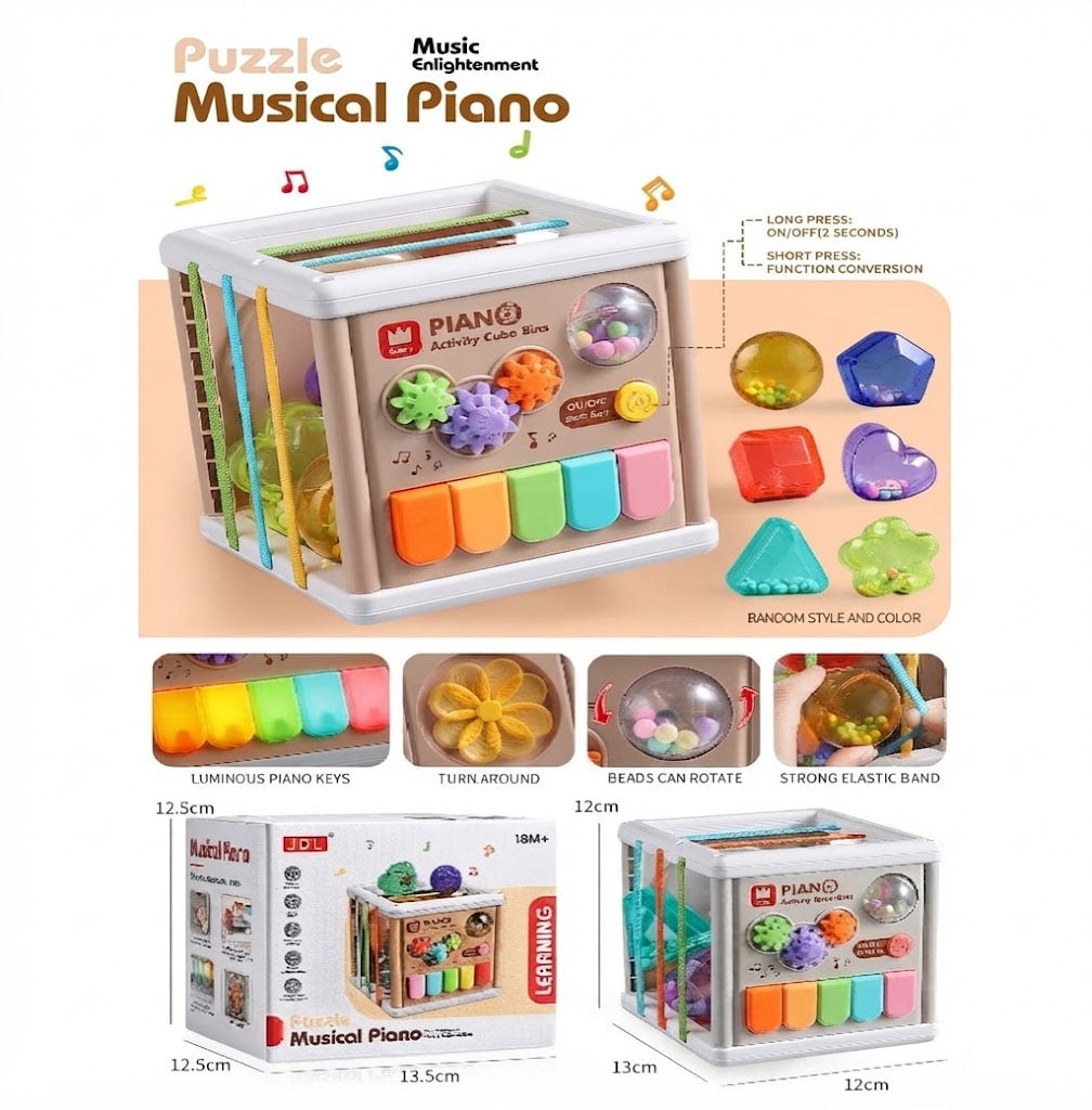 A children's musical activity piano toy shown on a white background with feature callouts, inset close-ups, and packaging dimensions. The toy is a white cube-shaped piano with colorful buttons, hanging beads, elastic bands, and pegboard sides.