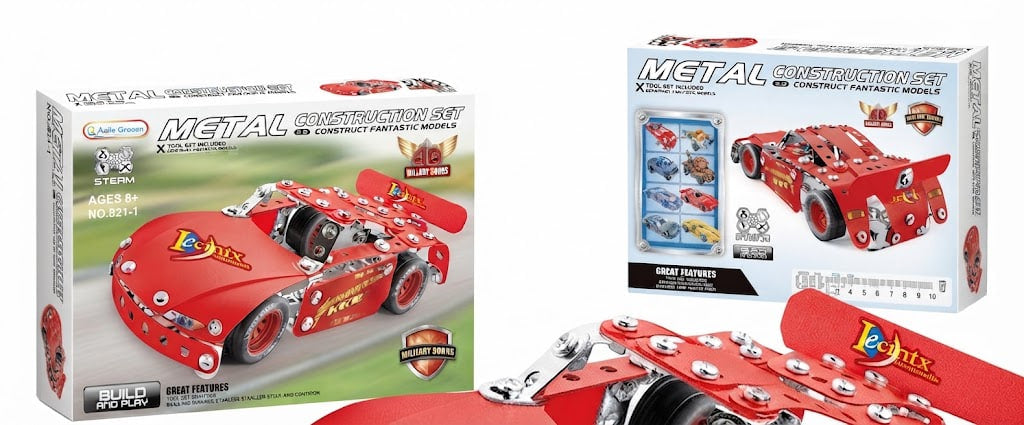 Metal Construction Set toy kit shown with its retail boxes and a few assembled red metal race cars in the foreground on a white background.