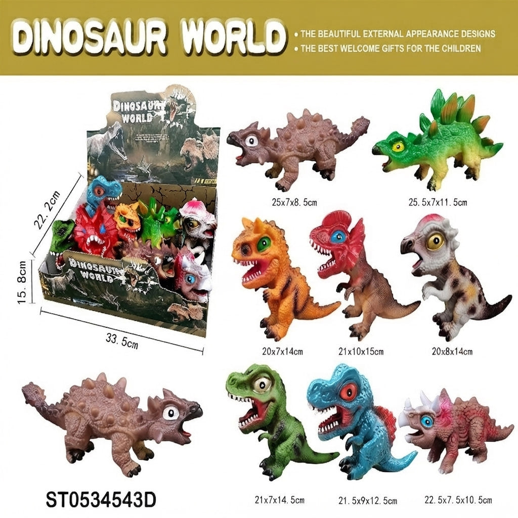 A product collage for dinosaur toy figures under the heading 'DINOSAUR WORLD.' The image shows a retail display box filled with colorful dinosaur toys, plus eight individual dinosaur figures arranged on a white background with printed size measurements beneath each toy.