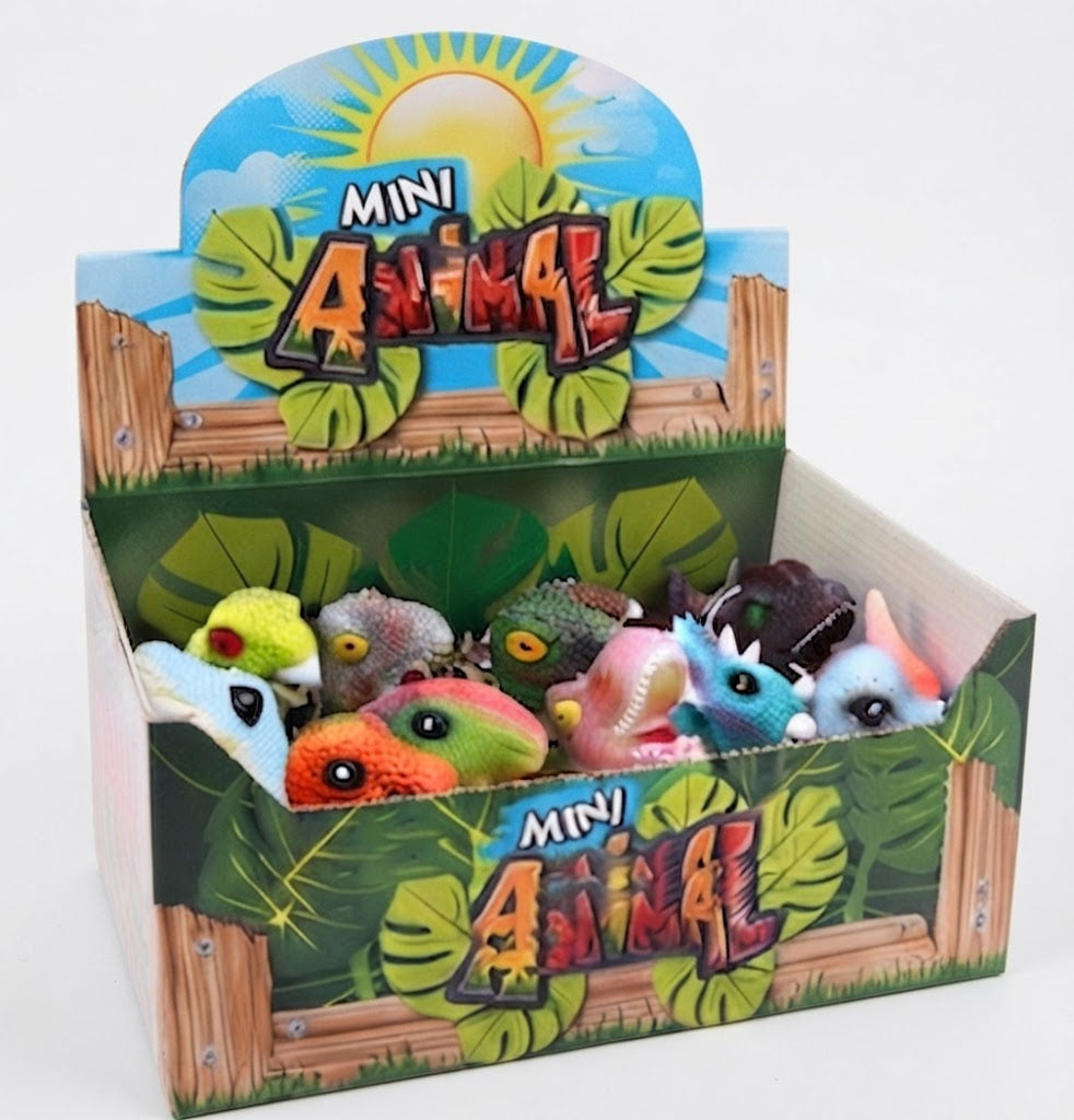 A cardboard retail display box filled with small plush animal toys under a colorful 'MINI ANIMAL' sign. The display features jungle-themed graphics with green leaves and a wooden fence, and the toys inside include various colorful animal characters.