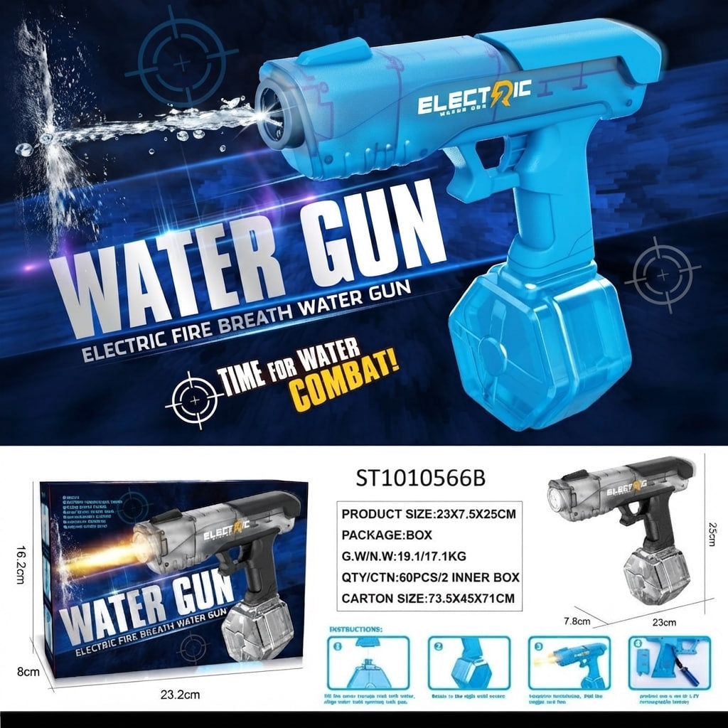 Blue and silver electric fire breath water gun toy shown prominently on a dark graphic background, with large text reading 'WATER GUN' and 'TIME FOR WATER COMBAT!'. The lower section includes product packaging, dimensions, and small usage diagrams.