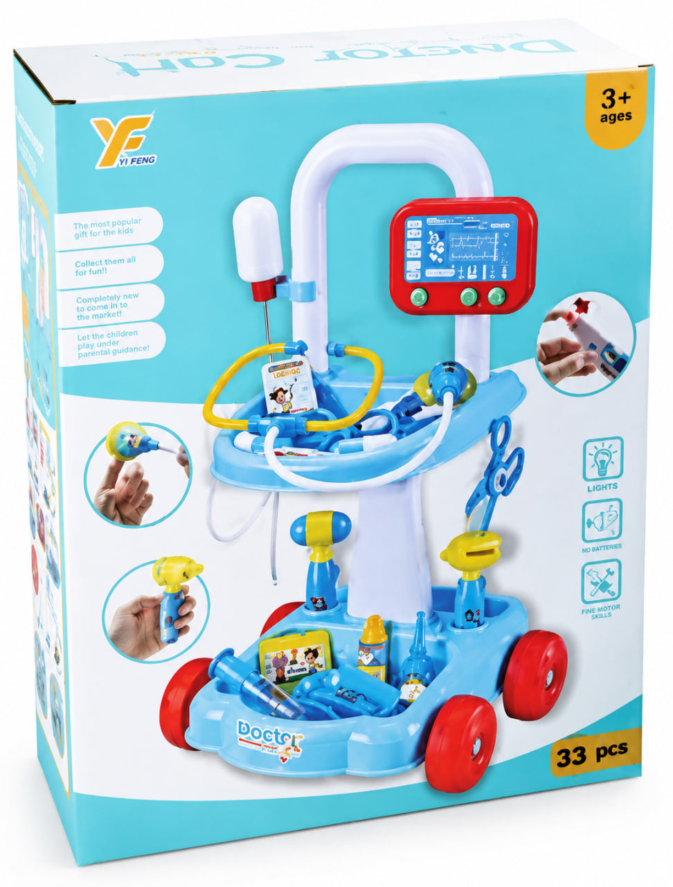 Doctor Car toy set in its retail packaging, featuring a blue and white wheeled cart with red wheels, a white arm stand, a red control panel, and various colorful toy medical tools and accessories.