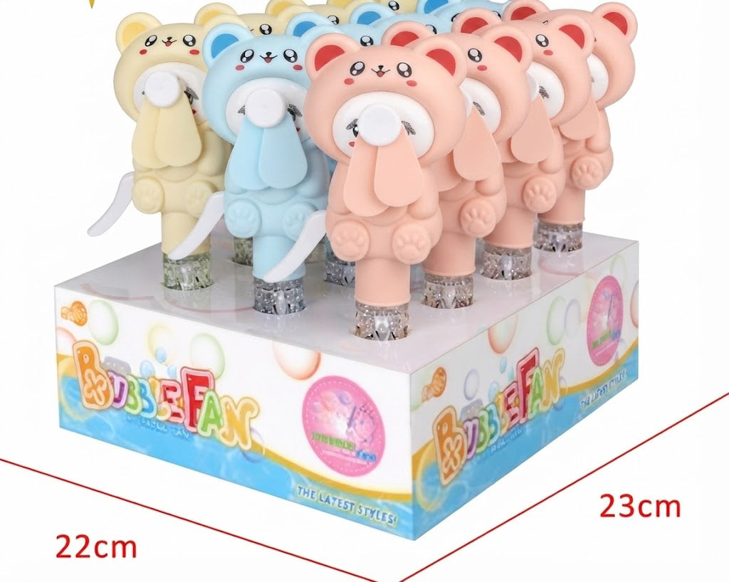 A retail display box filled with Bubble Fan bubble wand toys shaped like cartoon animals, including a yellow bear, blue elephant, and peach pig. Red dimension lines on the image indicate 22cm width, 23cm depth, and 23cm height.
