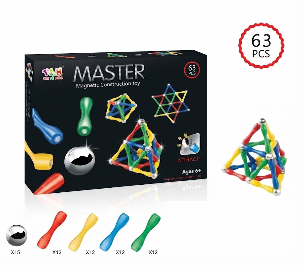 Magnetic construction toy set in a black retail box labeled 'MASTER' with '63 PCS' badge, shown on a white background with several colorful metal rods and geometric structures, plus small quantity labels for each rod color.