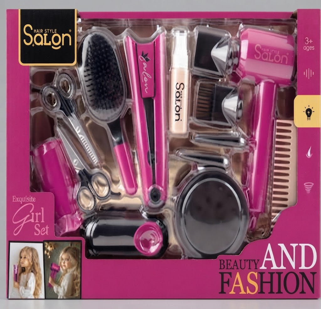 Hair Style Salon Exquisite Girl Set toy hair styling kit in pink packaging, containing a pink hair dryer, brush, comb, scissors, and other styling tools.