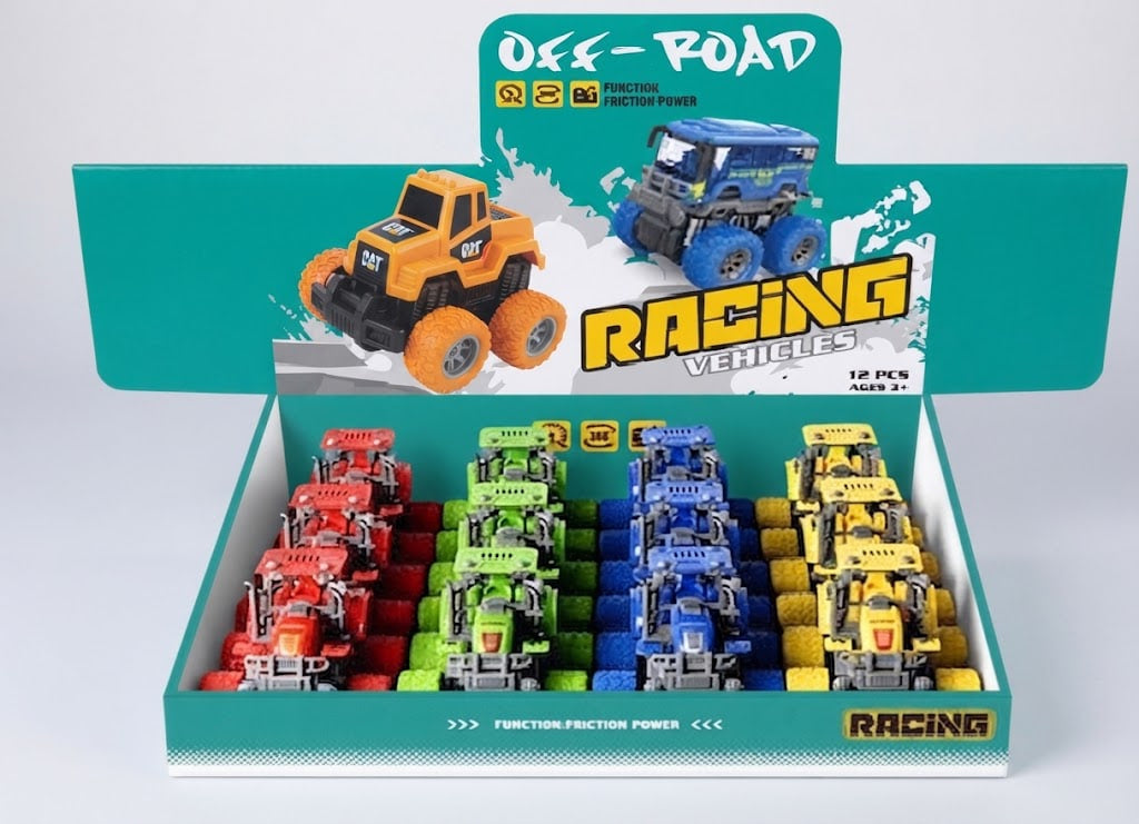 A retail display box filled with small off-road racing toy vehicles in multiple colors, including red, green, blue, and yellow. The teal display card features product imagery and text reading 'Off-Poad Racing Vehicles'.