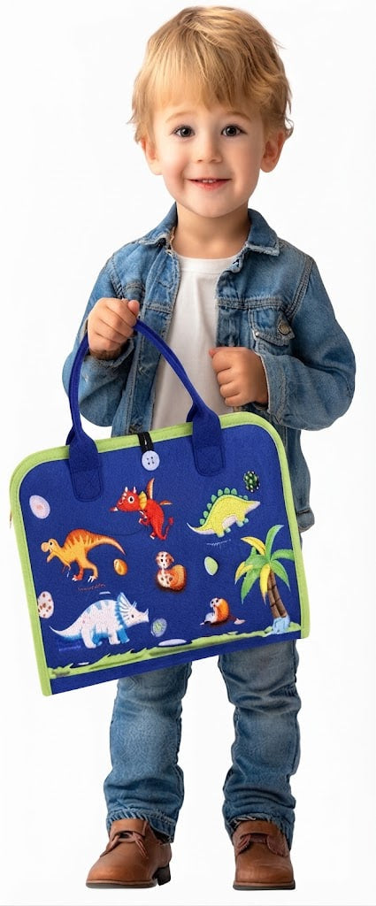 A toddler boy wearing a denim jacket and jeans holds a blue dinosaur-themed fabric tote bag with green handles and trim against a plain white background.