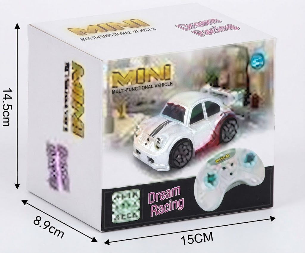 Boxed mini remote-controlled multi-functional vehicle toy with printed dimensions (14.5cm, 8.