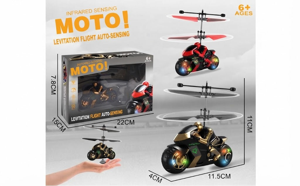 Moto! Levitation flight auto-sensing remote control toy motorcycle shown with its retail box, multiple floating views, dimensions, and a hand holding a small remote. The toy is depicted in red, black, and gold colorways with glowing multicolor wheel lights.
