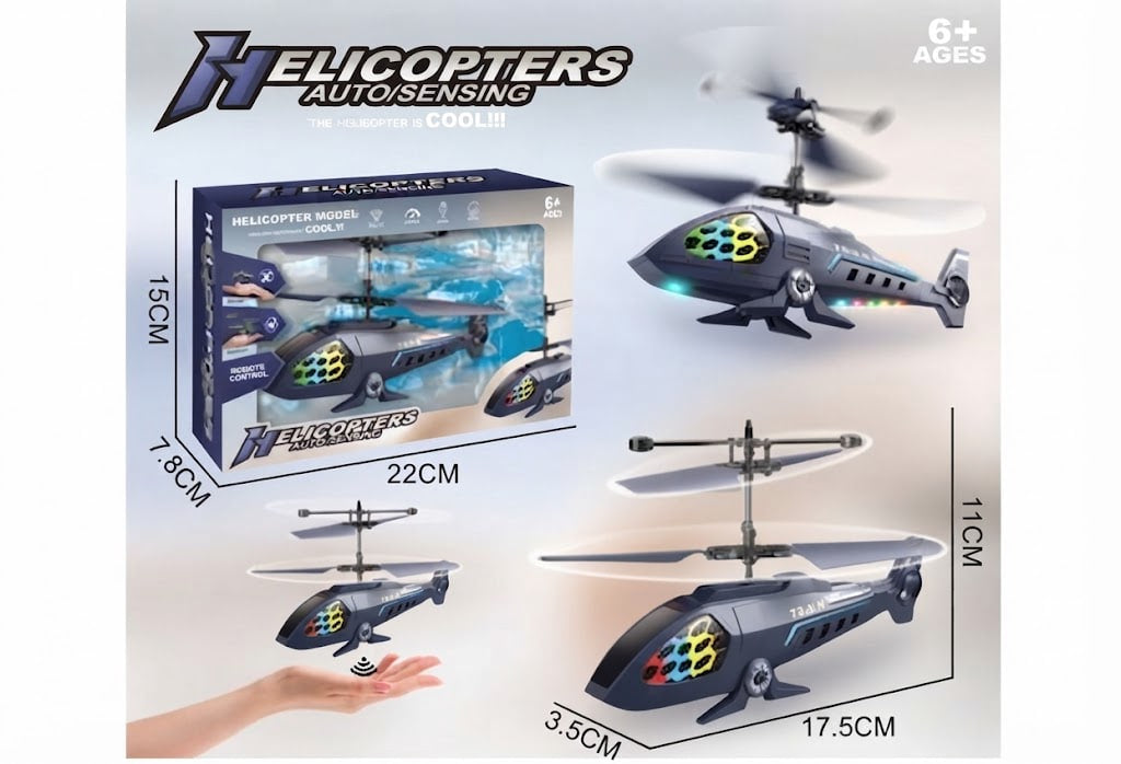 Helicopters remote control toy set with a blue and gray toy helicopter, its retail packaging box, and multiple dimension measurements shown on a light gray background.