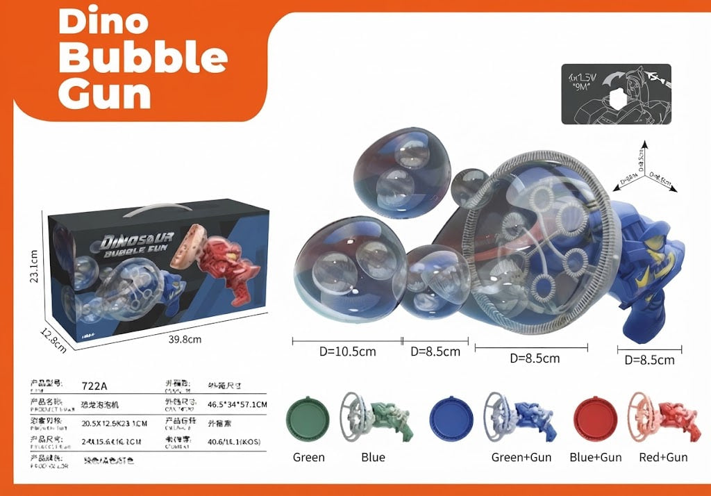 Dino Bubble Gun toy set shown on a white background with product packaging, the bubble gun assembly, a small control panel, dimensions, and color options including green, blue, green+gun, blue+gun, and red+gun.