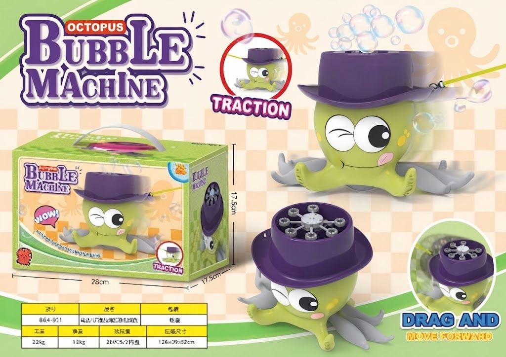 Octopus Bubble Machine toy set shown with its retail box, two views of the green octopus bubble maker wearing a purple hat, and printed dimensions/weight on a colorful graphic background.
