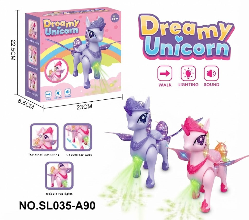 Dreamy Unicorn toy set showing the retail box, two small unicorn figures (one lavender and one pink), feature icons for walk, lighting, and sound, and dimension labels on a white background.