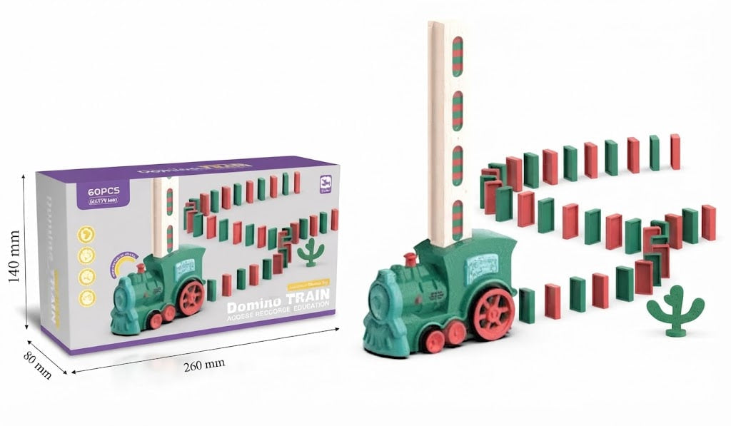 A children's domino train set shown with its retail box on a white background. The set includes a green train with red wheels, a tall domino tower, multiple domino pieces in red and green, and small green cactus pieces.