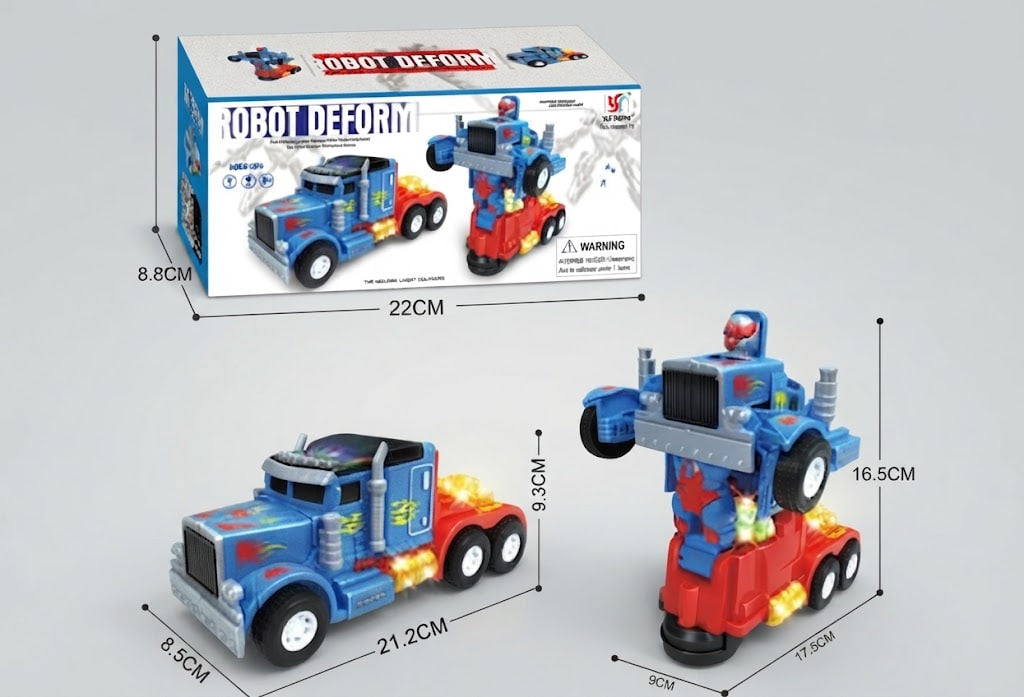 Transformers-style toy truck set shown with its retail box and two loose toy pieces on a light gray background, with dimension labels around the product and packaging.