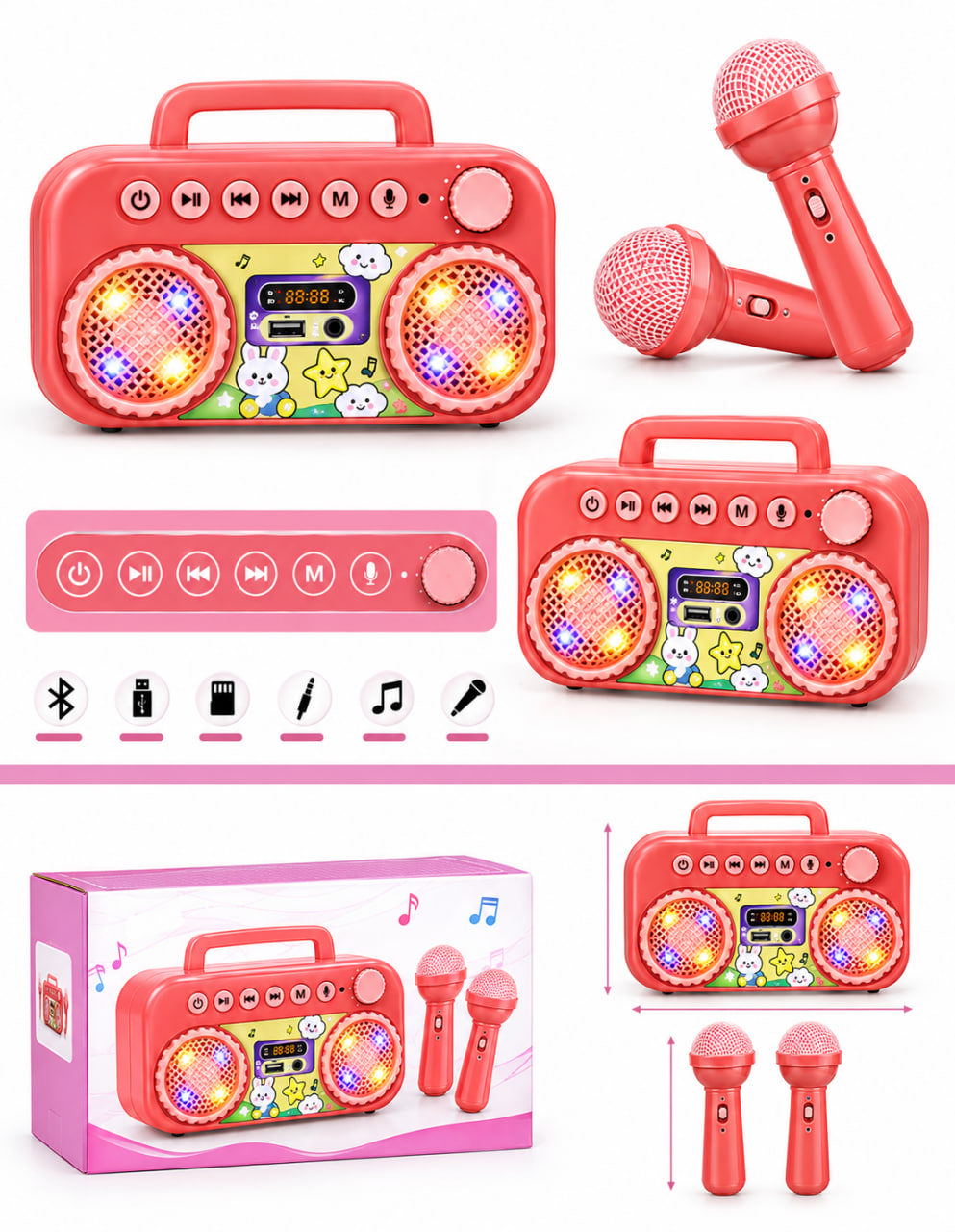 A children's portable karaoke set shown in multiple views on a white background, including a red boombox speaker with colorful LED-lit speakers, two matching microphones, a remote control, feature icons, dimensions, and the retail box.