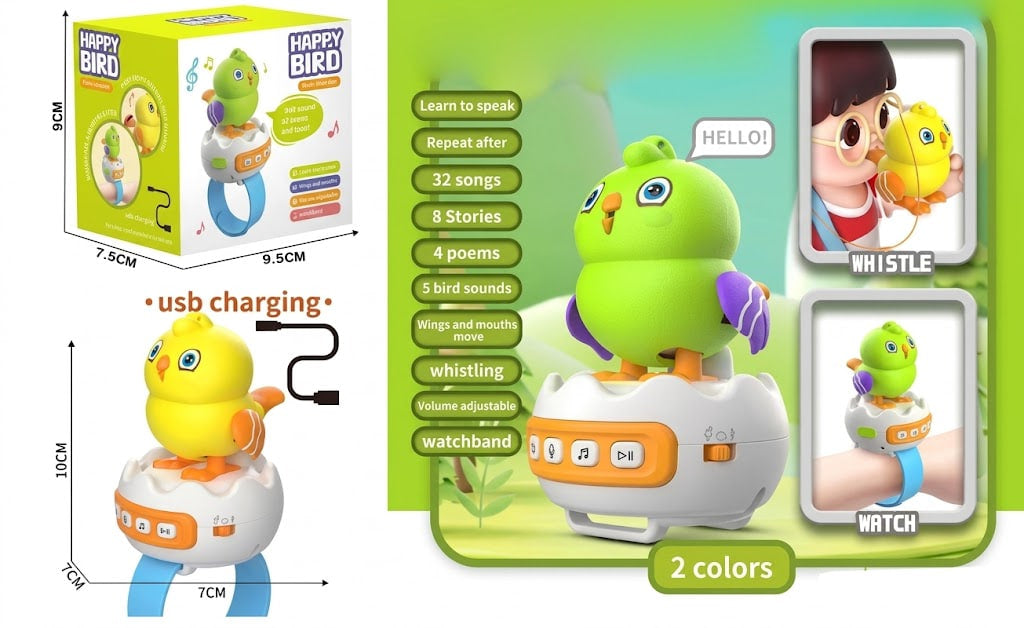 A collage-style product listing graphic for a children's bird-shaped electronic toy. The main panel shows a green bird sitting on a white and orange base with feature callouts like USB charging, 32 songs, 8 stories, 4 poems, bird sounds, adjustable volume, watchband, and 2 colors.