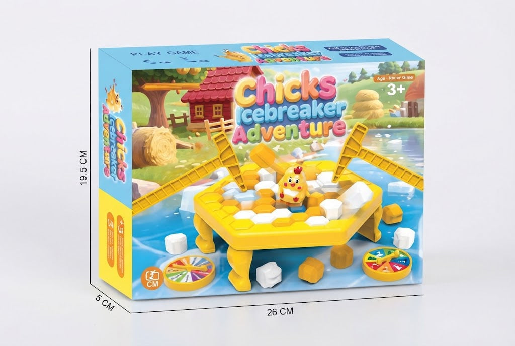 Box packaging for a children's toy game called 'Chicks Icebreaker Adventure', shown on a light gray background with printed dimensions around it. The box features a colorful illustrated scene with a yellow icebreaker platform, chicks, ice, and outdoor farm elements.