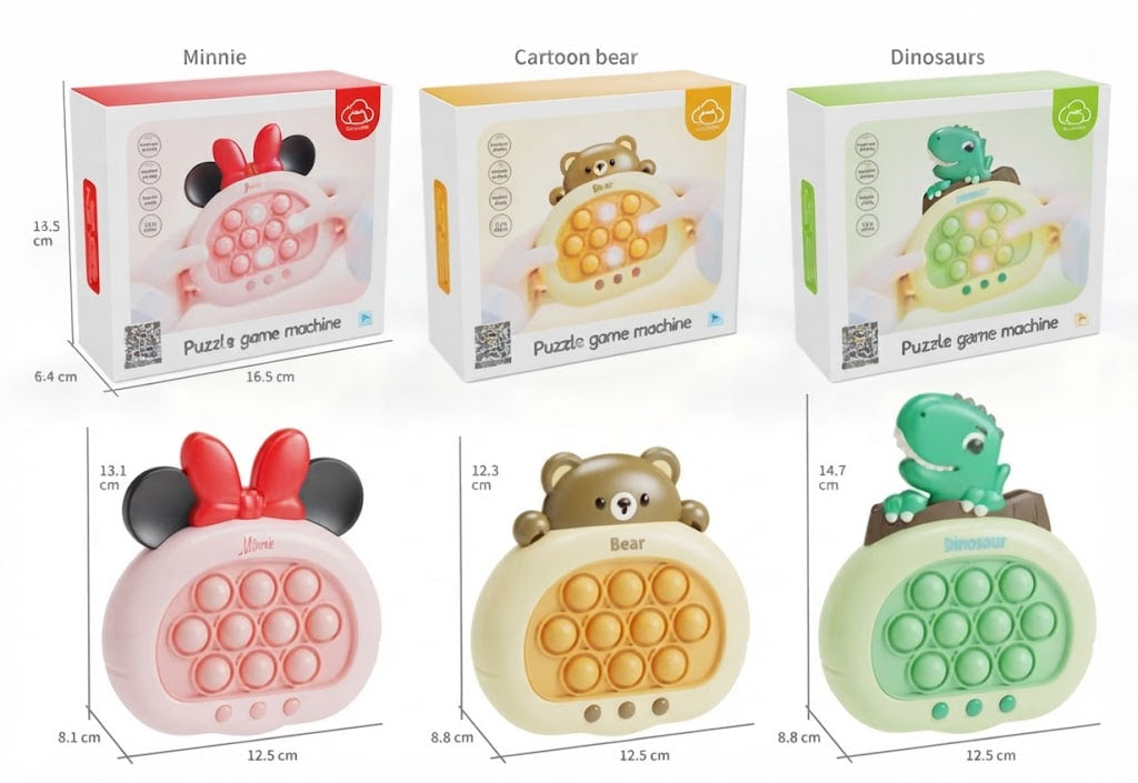 Three toy puzzle pop-up game machines shown with their retail boxes on a white background, labeled Minnie Mouse, Cartoon bear, and Dinosaurs, with dimensions printed around each item.