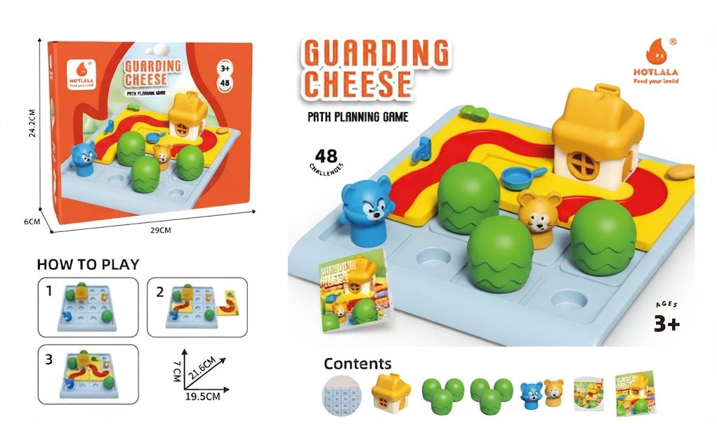 Guarding Cheese path planning game set by HotLala, featuring a colorful game board with a yellow house, green trees, blue bear, and animal pieces, shown alongside its retail box, instructions, and contents on a white background.