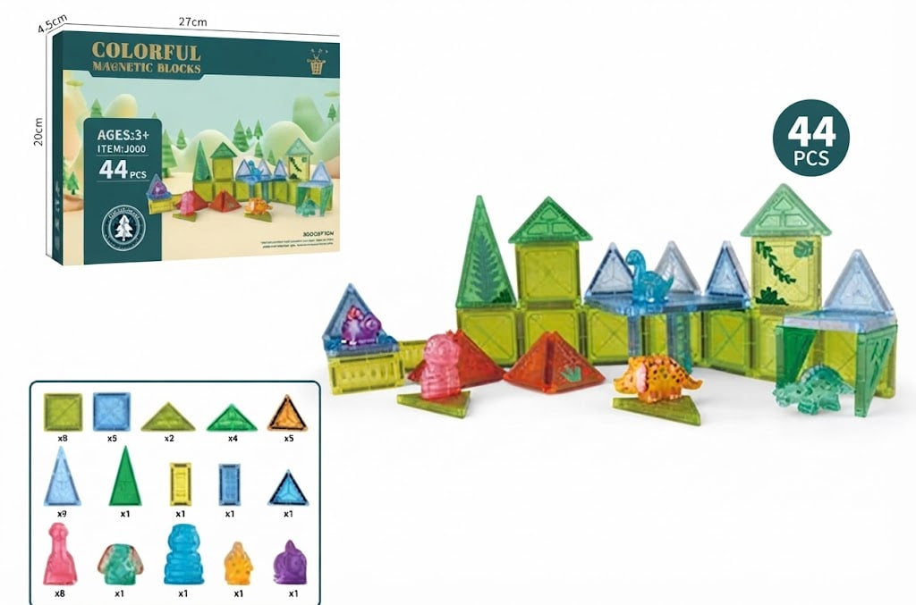 Dinosaur Magnetic Tiles 44 PCS | 3D STEM Building Blocks Set with Dino Figures for Kids Ages 3+