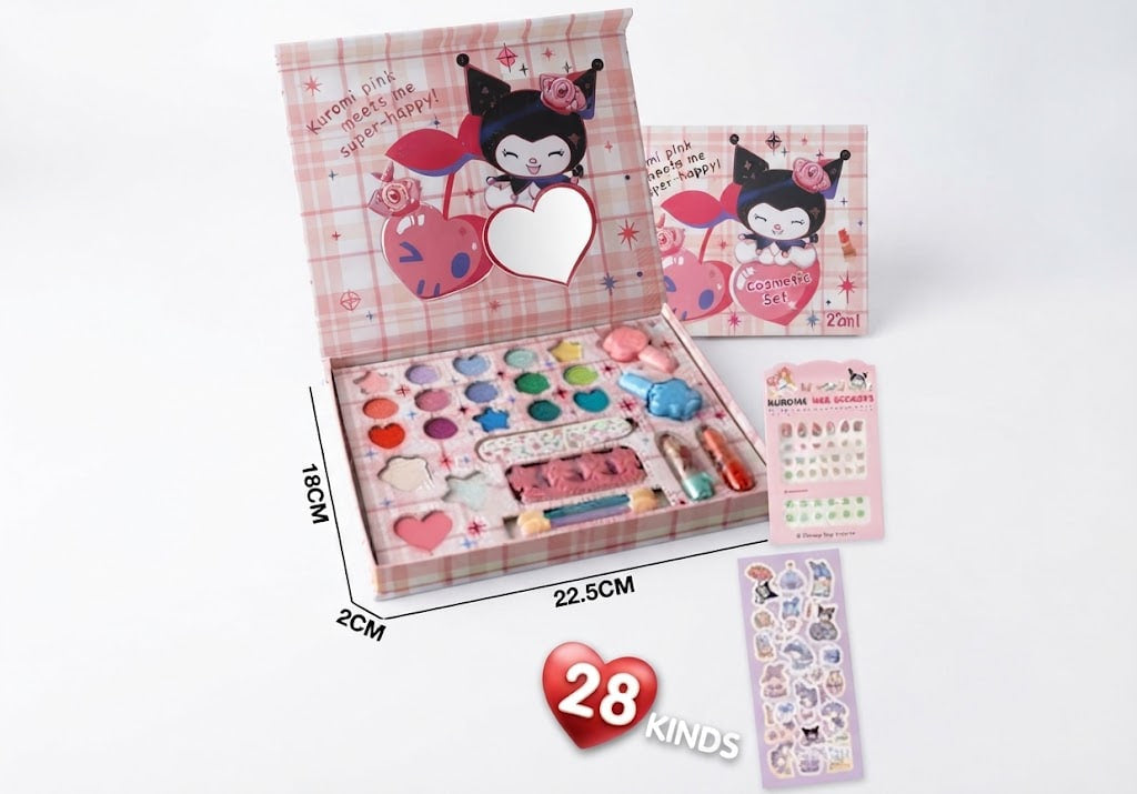 A children's makeup set in a pink plaid box with cartoon character artwork, shown open with a palette of colorful makeup, small tools, and accessories. A matching box insert, a sheet of nail stickers, and a sticker sheet are displayed on a white background with printed dimensions and a red '28 KINDS' badge.
