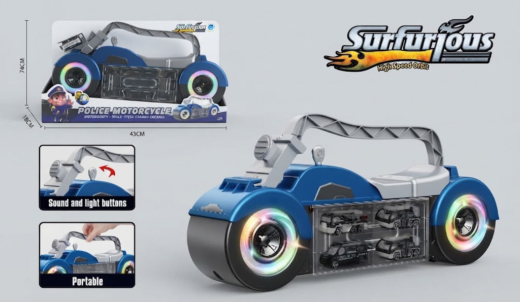 A blue and gray toy police motorcycle with glowing multicolor LED wheels, shown alongside its retail packaging, feature callouts, and the Surfurious brand logo on a light gray background.