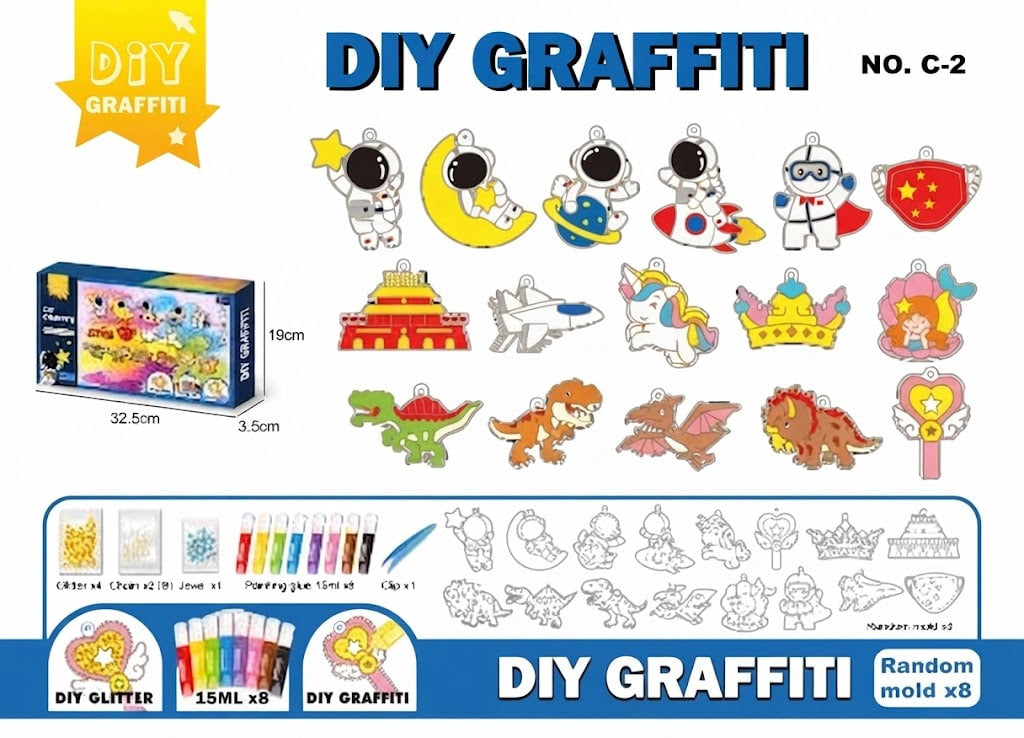 DIY Graffiti No. C-2 craft kit featuring a colorful box, various graffiti-style character and object decals, and included accessories such as glitter, paint pens, and stamp molds, all displayed on a white background with blue and yellow graphic borders.