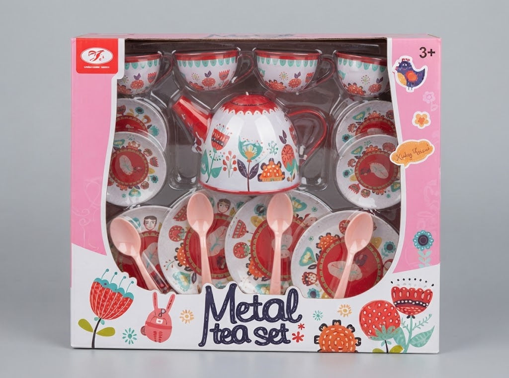 Vintage Afternoon Metal Tea Party Set – 15-Piece Floral Tin Tableware Playset