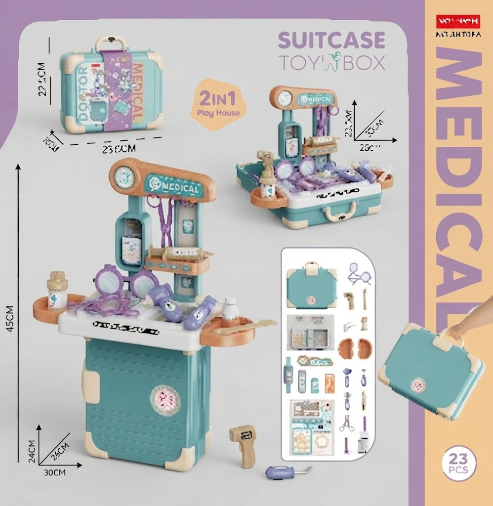 Medical-themed 2-in-1 toy suitcase playhouse set shown with multiple views, dimensions, and included accessories on a pastel purple background. The set includes a teal and cream playhouse, matching suitcase, and small medical-themed accessories.