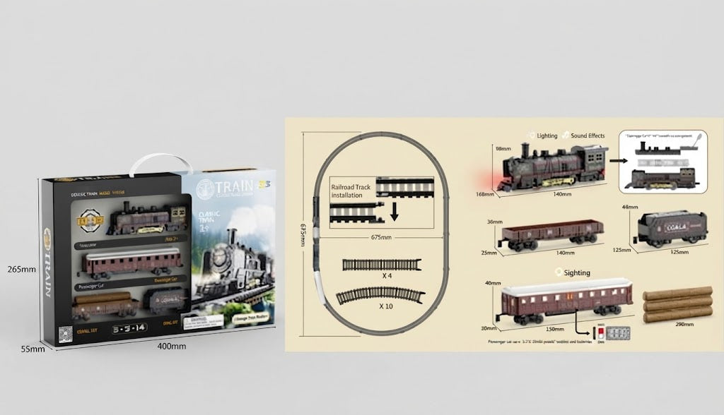 A product presentation showing a 1:30 scale model train set, including its carrying case and instruction booklet. The left side displays the product in its packaging with dimensions (265mm x 400mm) overlaid, while the right side shows a detailed instruction diagram illustrating how to build the track and connect various train components.