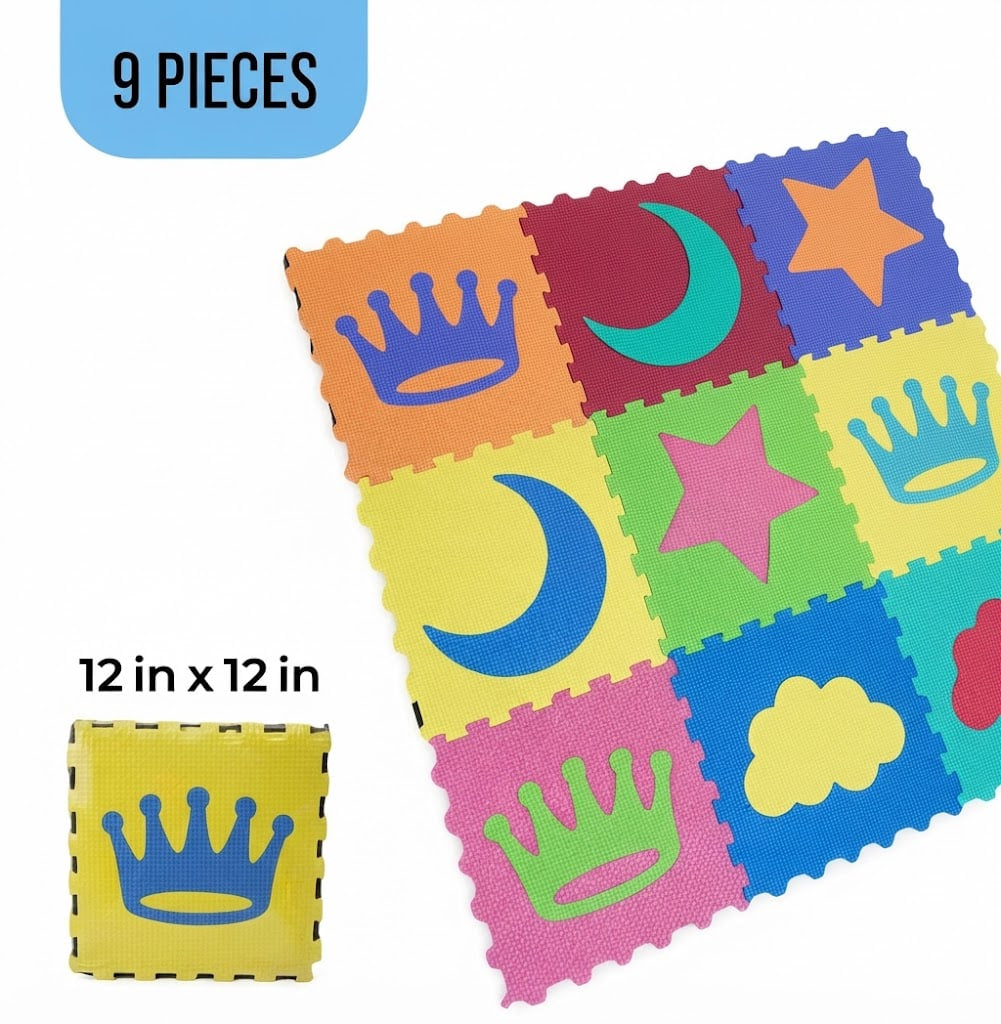 Soft Foam Interlocking Floor Puzzle Play Mat – 9-Piece Cushioned Activity Tiles (12" x 12", 6mm)