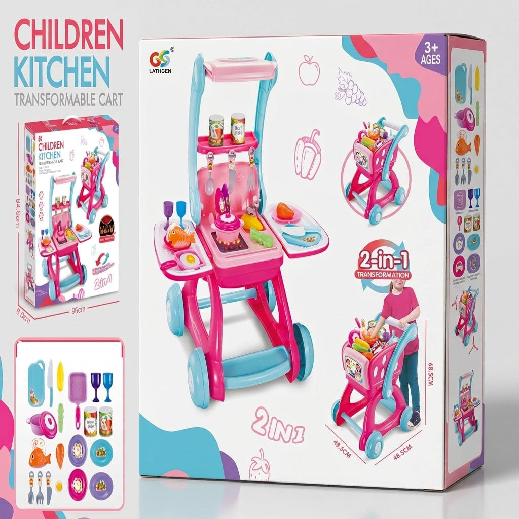 Transformable Kitchen Cart Play Set for Kids – Pretend Cooking Toy