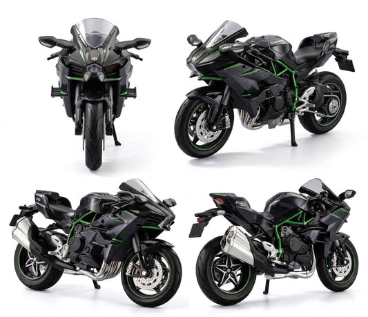 A black and green Kawasaki sport motorcycle shown from four different angles on a clean white background.