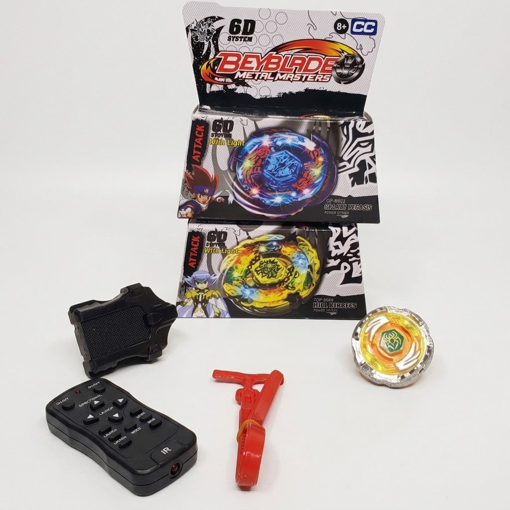 Beyblade Metal Wars 60 CC Attack toy set with a spinning top, black remote control, red launcher, and retail packaging on a white background.