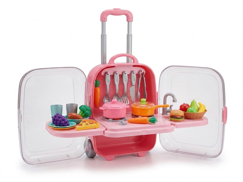 A pink toy kitchen set designed in a rolling suitcase with clear plastic doors, shown open on a white background. The set includes a pink stove and cooktop, utensils hanging on the back, a sink, and various colorful toy food items on the shelves.