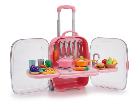 A pink toy kitchen set designed in a rolling suitcase with clear plastic doors, shown open on a white background. The set includes a pink stove and cooktop, utensils hanging on the back, a sink, and various colorful toy food items on the shelves.