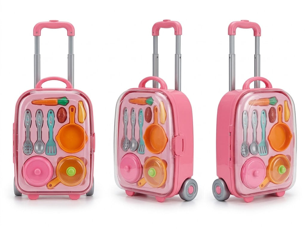 Three pink toy rolling suitcases with silver handles and wheels, each filled with colorful toy kitchen utensils, shown on a white background.