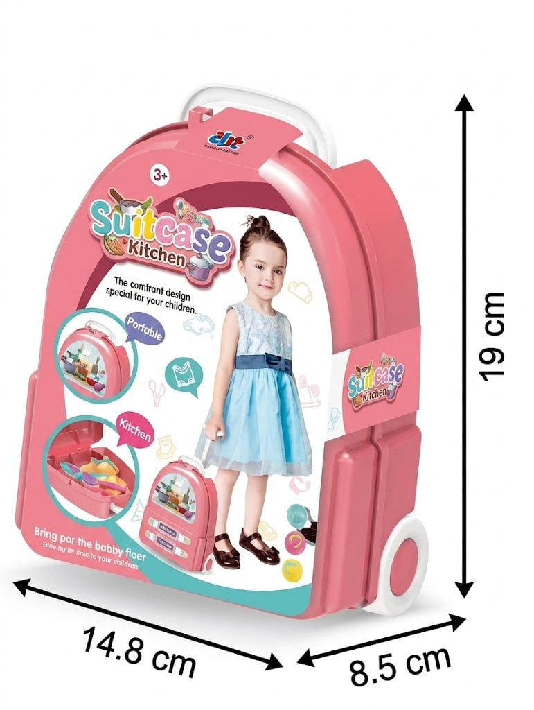 Pink Suitcase Kitchen toy set shown on a white background with measurement arrows and labels indicating 19 cm height, 14.8 cm width, and 8.