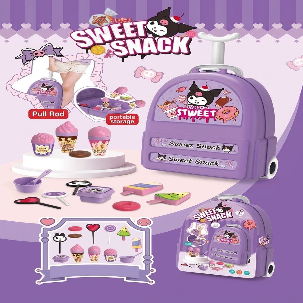 A purple cartoon-themed portable snack play set with a rolling case, pull rod, cups, spoons, and small accessories, shown with character graphics and the text 'Sweet Snack' on a pastel purple background.