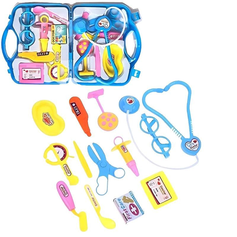 A children's toy doctor play set with a blue carrying case and assorted colorful medical-themed accessories, including a stethoscope, thermometer, syringe, scissors, and medical tools, shown on a plain white background.