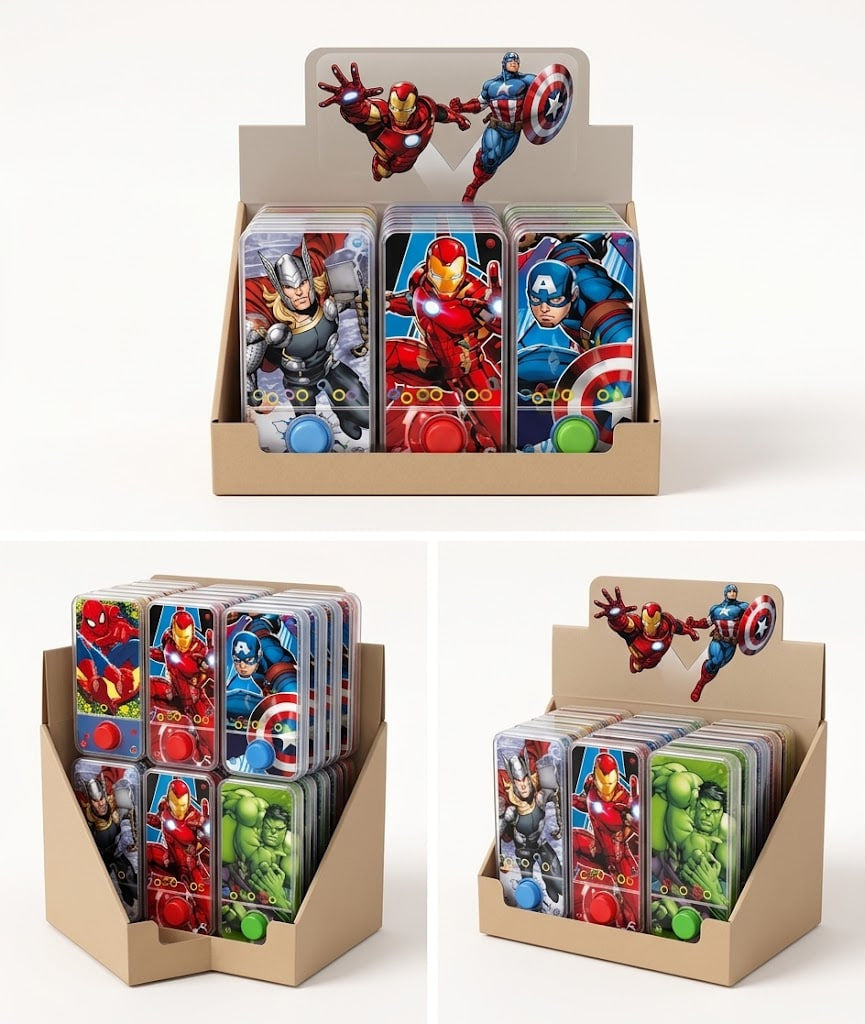 Three views of a cardboard retail display filled with small Marvel character cards, including Iron Man, Captain America, Thor, Hulk, and Spider-Man designs, on a light gray background.