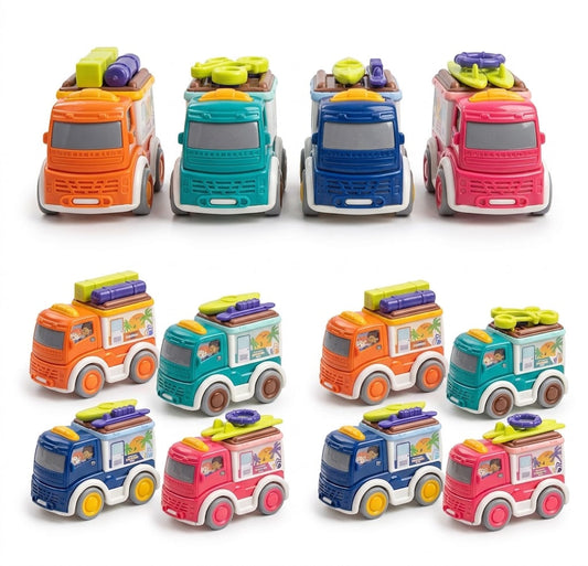 Set of small plastic toy trucks in multiple colors, including orange, teal, blue, and pink, arranged on a clean white background.