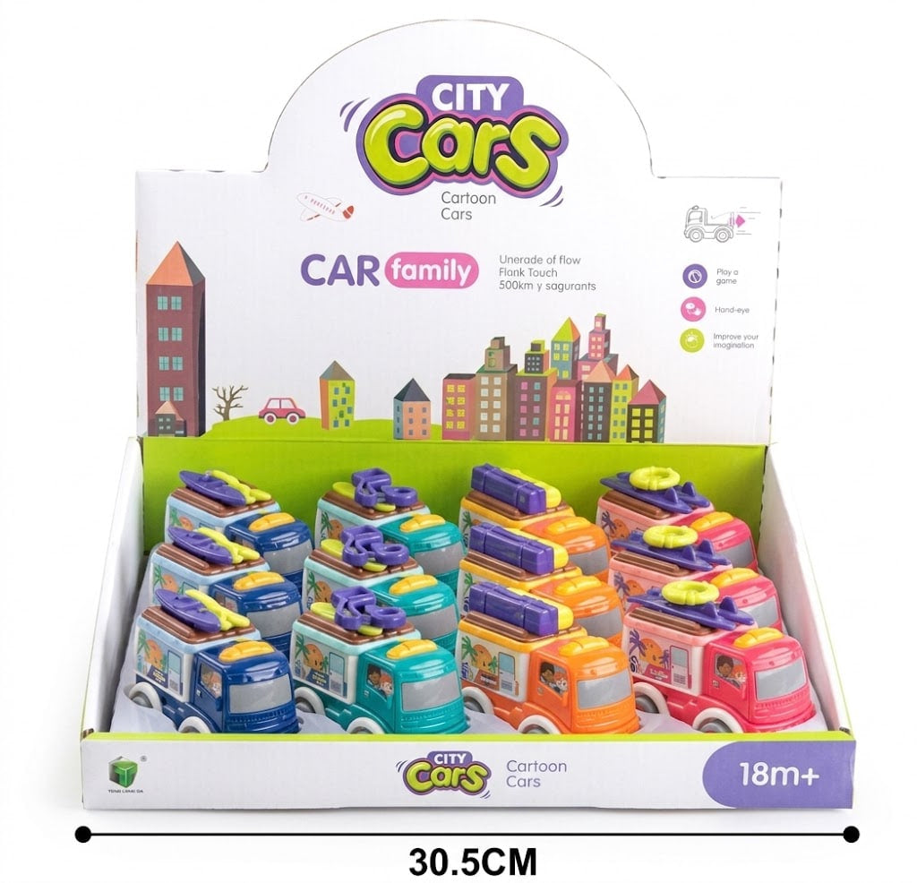 A retail display box filled with small toy cars from the City Cars Cartoon Cars line. The display card shows the brand logo and product details, and a measurement marker at the bottom indicates 30.
