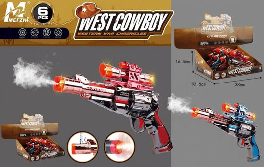 West Cowboy toy gun set with multiple colorful replica revolvers, packaging boxes, and dimension labels on a gray promotional background.